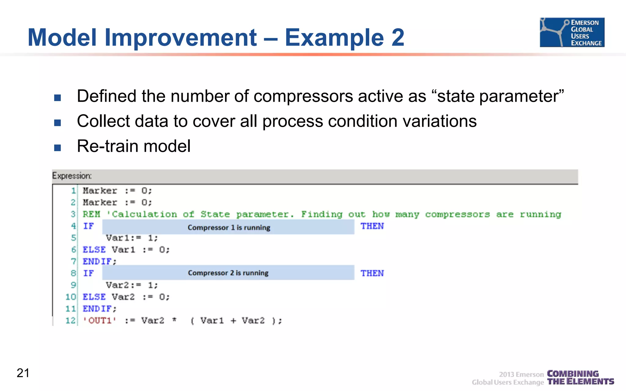 Model Improvement – Example 2





21

Defined the number of compressors active as “state parameter”
Collect data to cover all process condition variations
Re-train model

 