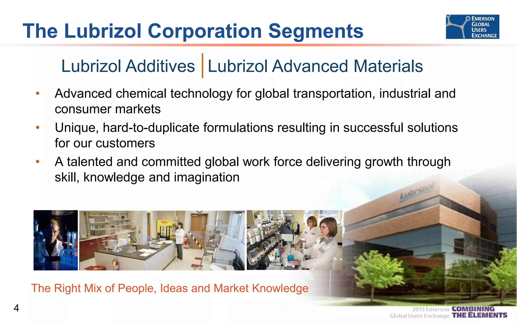 The Lubrizol Corporation Segments
Lubrizol Additives Lubrizol Advanced Materials
•
•
•

Advanced chemical technology for global transportation, industrial and
consumer markets
Unique, hard-to-duplicate formulations resulting in successful solutions
for our customers
A talented and committed global work force delivering growth through
skill, knowledge and imagination

The Right Mix of People, Ideas and Market Knowledge
4

 