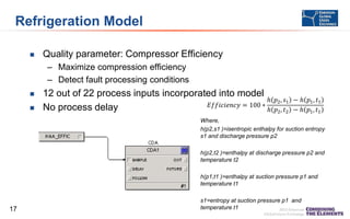 Refrigeration Model


Quality parameter: Compressor Efficiency
– Maximize compression efficiency
– Detect fault processing conditions




12 out of 22 process inputs incorporated into model
ℎ
𝐸𝑓𝑓𝑖𝑐𝑖𝑒𝑛𝑐𝑦 = 100 ∗
No process delay
ℎ

𝑝2 , 𝑠1 − ℎ 𝑝1 , 𝑡1
𝑝2 , 𝑡2 − ℎ 𝑝1 , 𝑡1

Where,
h(p2,s1 )=isentropic enthalpy for suction entropy
s1 and discharge pressure p2
h(p2,t2 )=enthalpy at discharge pressure p2 and
temperature t2
h(p1,t1 )=enthalpy at suction pressure p1 and
temperature t1

17

s1=entropy at suction pressure p1 and
temperature t1

 