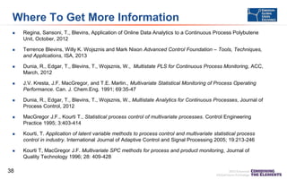 Where To Get More Information


Regina, Sansoni, T., Blevins, Application of Online Data Analytics to a Continuous Process Polybutene
Unit, October, 2012



Terrence Blevins, Willy K. Wojsznis and Mark Nixon Advanced Control Foundation – Tools, Techniques,
and Applications, ISA, 2013



Dunia, R., Edgar, T., Blevins, T., Wojsznis, W., Multistate PLS for Continuous Process Monitoring, ACC,
March, 2012



J.V. Kresta, J.F. MacGregor, and T.E. Marlin., Multivariate Statistical Monitoring of Process Operating
Performance. Can. J. Chem.Eng. 1991; 69:35-47



Dunia, R., Edgar, T., Blevins, T., Wojsznis, W., Multistate Analytics for Continuous Processes, Journal of
Process Control, 2012



MacGregor J.F., Kourti T., Statistical process control of multivariate processes. Control Engineering
Practice 1995; 3:403-414



Kourti, T. Application of latent variable methods to process control and multivariate statistical process
control in industry. International Journal of Adaptive Control and Signal Processing 2005; 19:213-246



Kourti T, MacGregor J.F. Multivariate SPC methods for process and product monitoring, Journal of
Quality Technology 1996; 28: 409-428

38

 