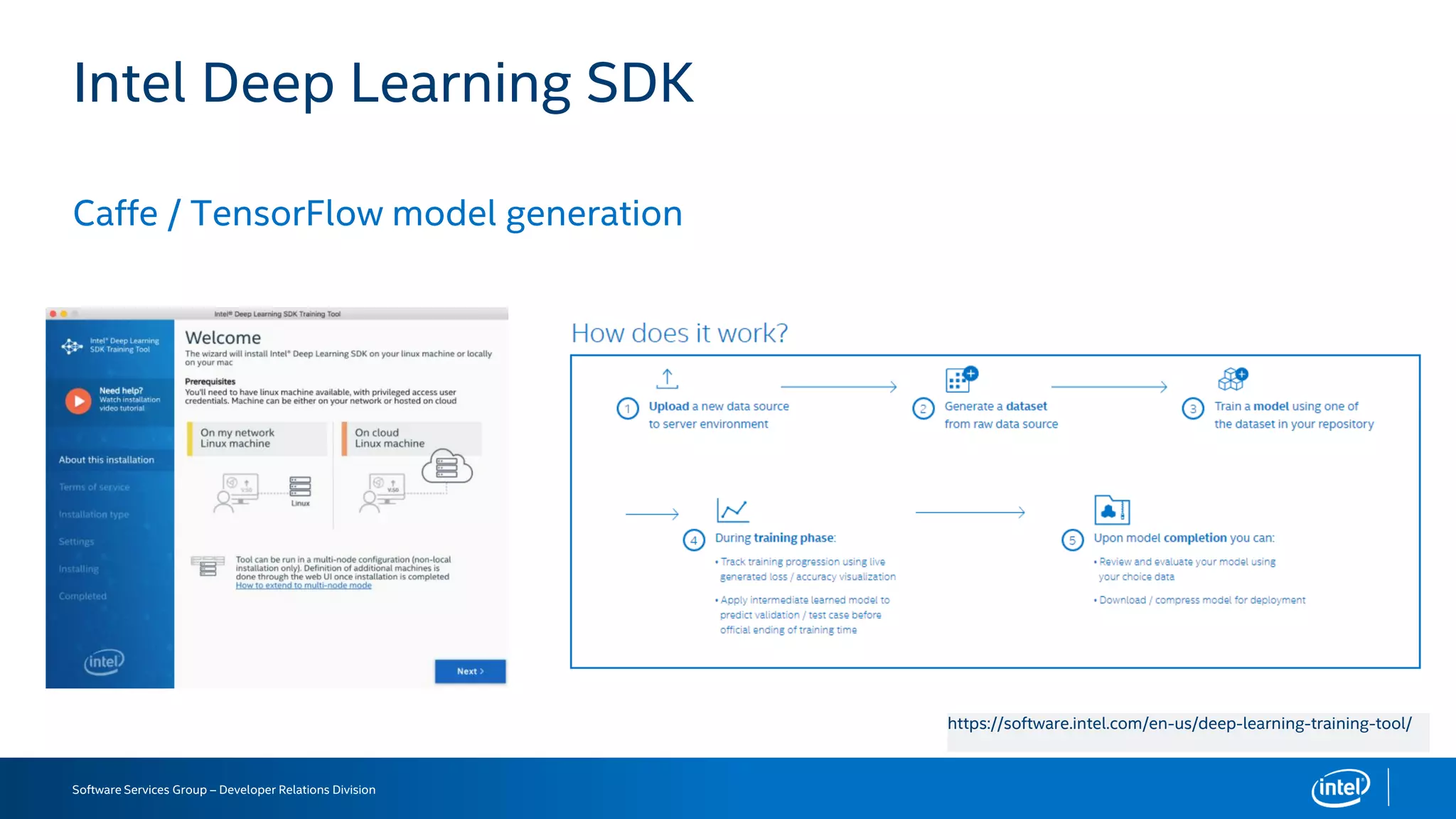 Software Services Group – Developer Relations Division
Caffe / TensorFlow model generation
Intel Deep Learning SDK
https://software.intel.com/en-us/deep-learning-training-tool/
 