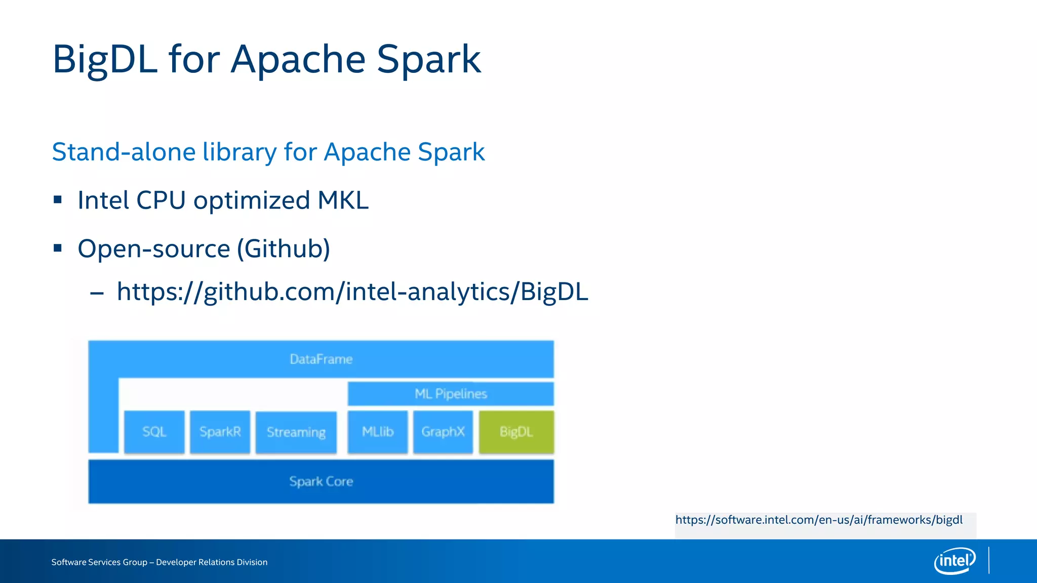 Software Services Group – Developer Relations Division
BigDL for Apache Spark
Stand-alone library for Apache Spark
 Intel CPU optimized MKL
 Open-source (Github)
– https://github.com/intel-analytics/BigDL
https://software.intel.com/en-us/ai/frameworks/bigdl
 