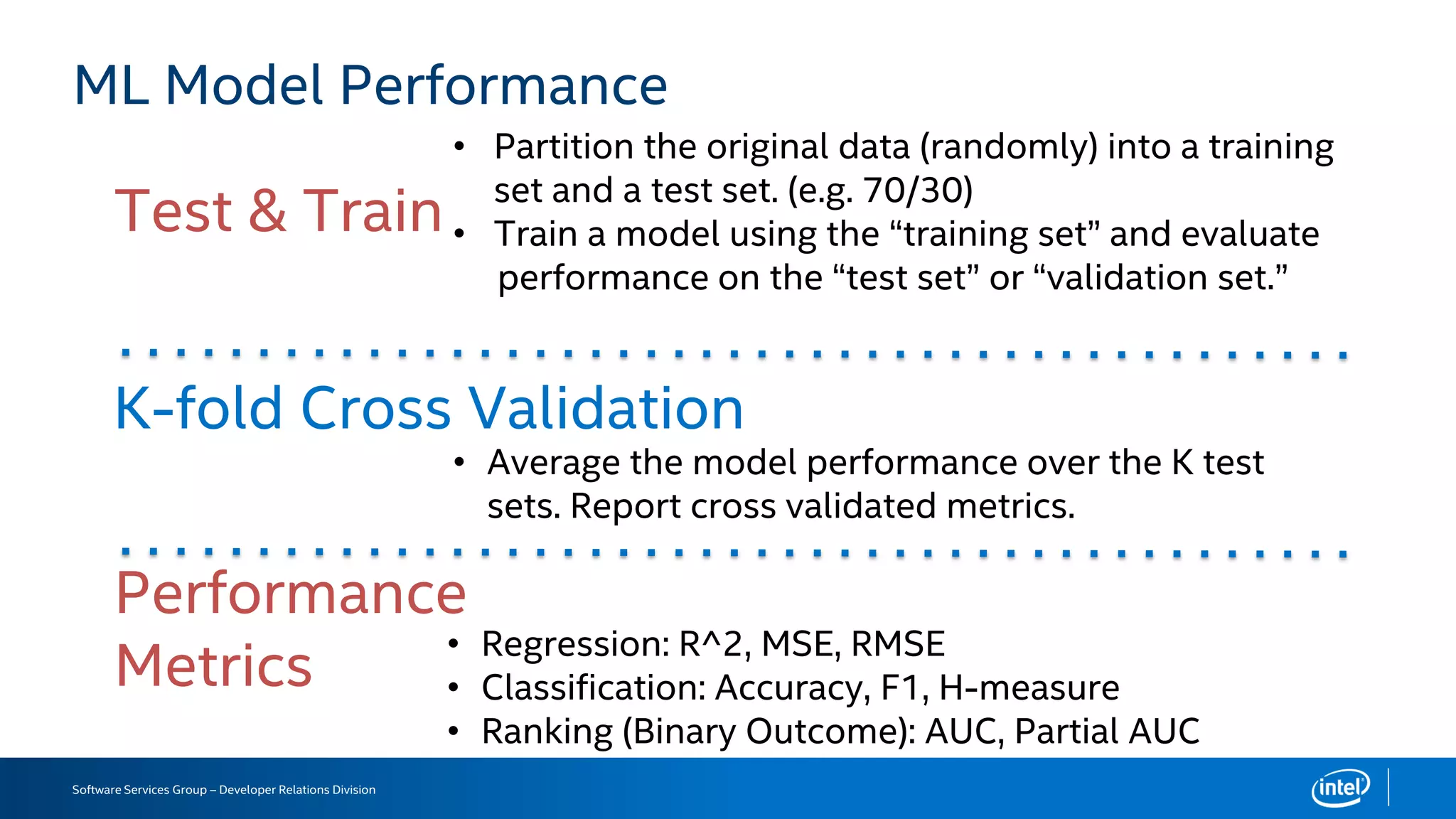 Software Services Group – Developer Relations Division
ML Model Performance
Test & Train
K-fold Cross Validation
• Partition the original data (randomly) into a training
set and a test set. (e.g. 70/30)
• Train a model using the “training set” and evaluate
performance on the “test set” or “validation set.”
• Average the model performance over the K test
sets. Report cross validated metrics.
Performance
Metrics • Regression: R^2, MSE, RMSE
• Classification: Accuracy, F1, H-measure
• Ranking (Binary Outcome): AUC, Partial AUC
 