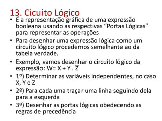 13. Cicuito Lógico
• É a representação gráfica de uma expressão
booleana usando as respectivas “Portas Lógicas”
para representar as operações
• Para desenhar uma expressão lógica como um
circuito lógico procedemos semelhante ao da
tabela verdade.
• Exemplo, vamos desenhar o circuito lógico da
expressão: W= X + Y . Z
• 1º) Determinar as variáveis independentes, no caso
X, Y e Z
• 2º) Para cada uma traçar uma linha seguindo dela
para a esquerda
• 3º) Desenhar as portas lógicas obedecendo as
regras de precedência
 