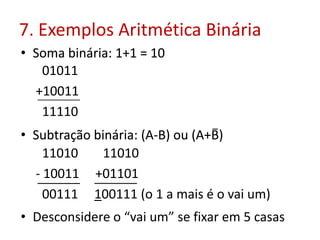 7. Exemplos Aritmética Binária
• Soma binária: 1+1 = 10
• Subtração binária: (A-B) ou (A+B)
01011
+10011
11110
11010 11010
- 10011 +01101
00111 100111 (o 1 a mais é o vai um)
• Soma binária: 1+1 = 10
• Subtração binária: (A-B) ou (A+B)
• Desconsidere o “vai um” se fixar em 5 casas
 