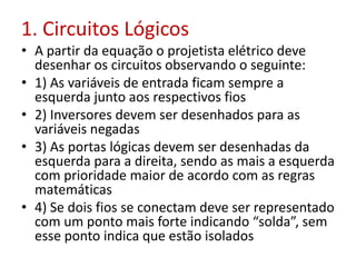 1. Circuitos Lógicos
• A partir da equação o projetista elétrico deve
desenhar os circuitos observando o seguinte:
• 1) As variáveis de entrada ficam sempre a
esquerda junto aos respectivos fios
• 2) Inversores devem ser desenhados para as
variáveis negadas
• 3) As portas lógicas devem ser desenhadas da
esquerda para a direita, sendo as mais a esquerda
com prioridade maior de acordo com as regras
matemáticas
• 4) Se dois fios se conectam deve ser representado
com um ponto mais forte indicando “solda”, sem
esse ponto indica que estão isolados
 