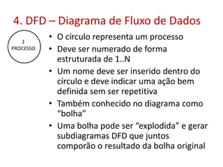4. DFD – Diagrama de Fluxo de Dados
• O círculo representa um processo
• Deve ser numerado de forma
estruturada de 1..N
• Um nome deve ser inserido dentro do
círculo e deve indicar uma ação bem
definida sem ser repetitiva
• Também conhecido no diagrama como
“bolha”
• Uma bolha pode ser “explodida” e gerar
subdiagramas DFD que juntos
comporão o resultado da bolha original
1
PROCESSO
 