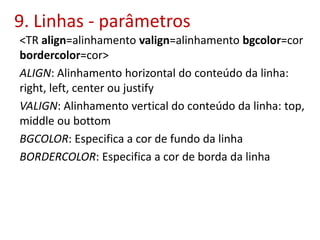 9. Linhas - parâmetros
<TR align=alinhamento valign=alinhamento bgcolor=cor
bordercolor=cor>
ALIGN: Alinhamento horizontal do conteúdo da linha:
right, left, center ou justify
VALIGN: Alinhamento vertical do conteúdo da linha: top,
middle ou bottom
BGCOLOR: Especifica a cor de fundo da linha
BORDERCOLOR: Especifica a cor de borda da linha
 