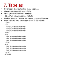 7. Tabelas
• Uma tabela é uma planilha: linhas x colunas
• <table>..</table> cria uma tabela
• <tr>..</tr> cria uma linha na tabela
• <td>..</td> cria uma coluna na linha
• Então a ordem é: TABELA tem LINHA que tem COLUNA
• Exemplo: Cria uma tabela com 3 linhas e 3 colunas
<table>
<tr>
<td>Coluna 1 na Linha 1</td>
<td>Coluna 2 na Linha 1</td>
<td>Coluna 3 na Linha 1</td>
</tr>
<tr>
<td>Coluna 1 na Linha 2</td>
<td>Coluna 2 na Linha 2</td>
<td>Coluna 3 na Linha 2</td>
</tr>
<tr>
<td>Coluna 1 na Linha 3</td>
<td>Coluna 2 na Linha 3</td>
<td>Coluna 3 na Linha 3</td>
</tr>
</table>
 