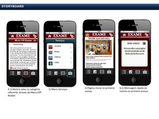 STORYBOARD




  4.1) Notícia salva na categoria   5) Menu Serviços   6) Página inicial no primeiro   6.1) Mensagem rápida de
  referente, através do Menu Off-                      acesso                          tutoria no primeiro acesso
  Reader
 