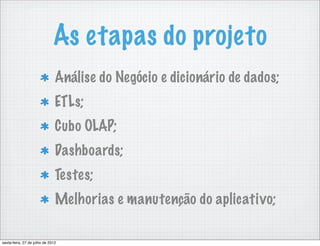 As etapas do projeto
                               Análise do Negócio e dicionário de dados;
                               ETLs;
                               Cubo OLAP;
                               Dashboards;
                               Testes;
                               Melhorias e manutenção do aplicativo;

sexta-feira, 27 de julho de 2012
 