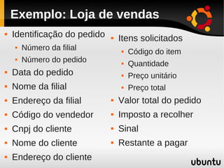 Exemplo: Loja de vendas
   Identificação do pedido      Itens solicitados
       Número da filial             Código do item
       Número do pedido             Quantidade
   Data do pedido                   Preço unitário
   Nome da filial                   Preço total
   Endereço da filial           Valor total do pedido
   Código do vendedor           Imposto a recolher
   Cnpj do cliente              Sinal
   Nome do cliente              Restante a pagar
   Endereço do cliente
 