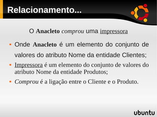 Relacionamento...

         O Anacleto comprou uma impressora
   Onde Anacleto é um elemento do conjunto de
    valores do atributo Nome da entidade Clientes;
   Impressora é um elemento do conjunto de valores do
    atributo Nome da entidade Produtos;
   Comprou é a ligação entre o Cliente e o Produto.
 