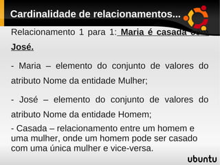 Cardinalidade de relacionamentos...
Relacionamento 1 para 1: Maria é casada com
José.

- Maria – elemento do conjunto de valores do
atributo Nome da entidade Mulher;

- José – elemento do conjunto de valores do
atributo Nome da entidade Homem;
- Casada – relacionamento entre um homem e
uma mulher, onde um homem pode ser casado
com uma única mulher e vice-versa.
 