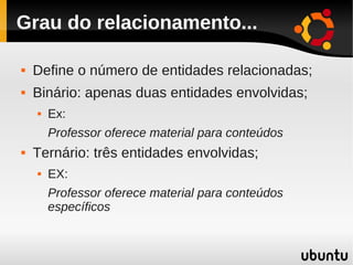 Grau do relacionamento...

   Define o número de entidades relacionadas;
   Binário: apenas duas entidades envolvidas;
       Ex:
        Professor oferece material para conteúdos
   Ternário: três entidades envolvidas;
       EX:
        Professor oferece material para conteúdos
        específicos
 