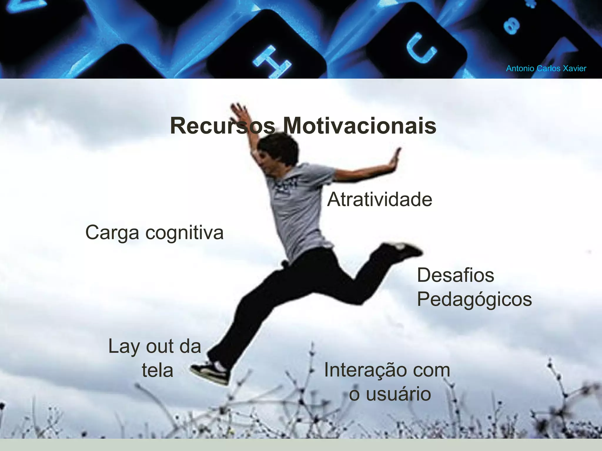 Antonio Carlos Xavier
Recursos Motivacionais
Atratividade
Carga cognitiva
Desafios
Pedagógicos
Lay out da
tela
Interação com
o usuário
