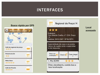 INTERFACES
Busca rápida por GPS
Local
acessado
 