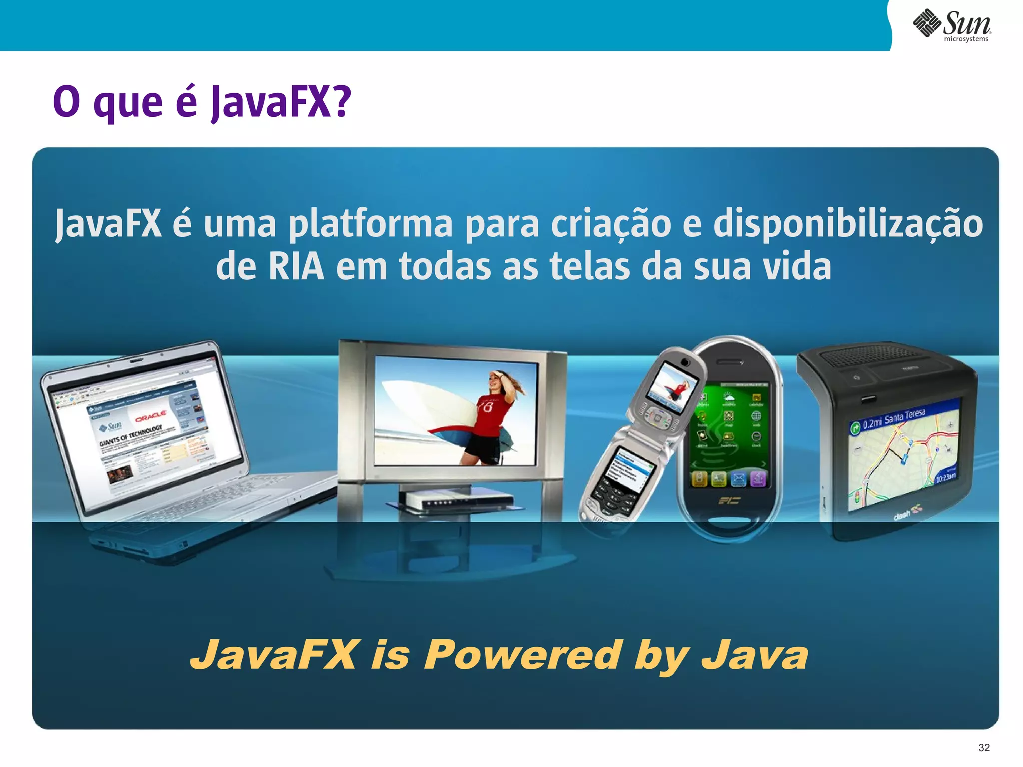 O que é JavaFX?

JavaFX é uma platforma para criação e disponibilização
          de RIA em todas as telas da sua vida




       JavaFX is Powered by Java
                                                     32
 