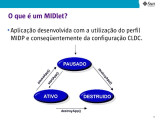 O que é um MIDlet?
Aplicação desenvolvida com a utilização do perfil
MIDP e conseqüentemente da configuração CLDC.




                                                    16
 