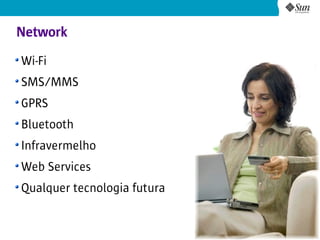 Network
Wi-Fi
SMS/MMS
GPRS
Bluetooth
Infravermelho
Web Services
Qualquer tecnologia futura


                             24
 
