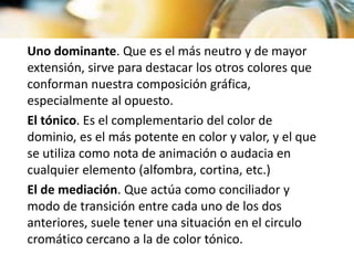 Uno dominante. Que es el más neutro y de mayor
extensión, sirve para destacar los otros colores que
conforman nuestra composición gráfica,
especialmente al opuesto.
El tónico. Es el complementario del color de
dominio, es el más potente en color y valor, y el que
se utiliza como nota de animación o audacia en
cualquier elemento (alfombra, cortina, etc.)
El de mediación. Que actúa como conciliador y
modo de transición entre cada uno de los dos
anteriores, suele tener una situación en el circulo
cromático cercano a la de color tónico.
 