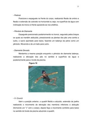23




- Peitoral
       Posicione o espaguete na frente do corpo, realizando flexão de ombro e
flexão e extensão de cotovelo na horizontal ou seja, na superfície da água com
inclinação do tronco à frente apoiando-se nos artelhos.


- Pêndulo de Diamante
       Espaguete posicionado posteriormente no tronco, segurado pelos braços
os quais se mantêm abduzido, pressionando as plantas dos pés uma contra a
outra, o sacro apontado para baixo, fazendo um balanço da pelve como um
pêndulo. Movendo-o de um lado para outro.


- Diamante Elevado
       Mantenha a mesma posição enquanto o pêndulo de diamante balança,
realizando a elevação dos pés no sentido à superfície da água e
posteriormente para o fundo da piscina.
                   Figura 10




- V- Crunch
       Idem a posição anterior, o quadril fletido e aduzido, extensão de joelho
realizando o movimento de elevação dos membros inferiores e abdução
(formando um “v” com o corpo), depois faça o movimento contrário para baixo
no sentido do fundo da piscina aduzindo o quadril.
 