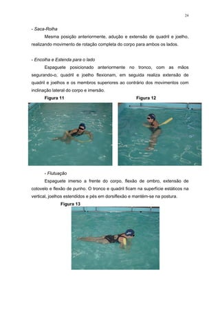 24


- Saca-Rolha
      Mesma posição anteriormente, adução e extensão de quadril e joelho,
realizando movimento de rotação completa do corpo para ambos os lados.


- Encolha e Estenda para o lado
      Espaguete posicionado anteriormente no tronco, com as mãos
segurando-o, quadril e joelho flexionam, em seguida realiza extensão de
quadril e joelhos e os membros superiores ao contrário dos movimentos com
inclinação lateral do corpo e imersão.
      Figura 11                                     Figura 12




      - Flutuação
      Espaguete imerso a frente do corpo, flexão de ombro, extensão de
cotovelo e flexão de punho. O tronco e quadril ficam na superfície estáticos na
vertical, joelhos estendidos e pés em dorsiflexão e mantém-se na postura.
               Figura 13
 
