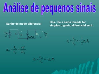 Ganho de modo diferencial
RC
2
vod
+
-
1mvg π
1vπ
+
-
rπ
2
vid
Cm
id
od
d Rg
V
V
A −==
TT
C
m
V
I
V
I
g
2
α
==
Obs.: Se a saída tomada for
simples o ganho diferencial será:
Cm
id
o
d Rg
V
V
A
2
11
−==
 