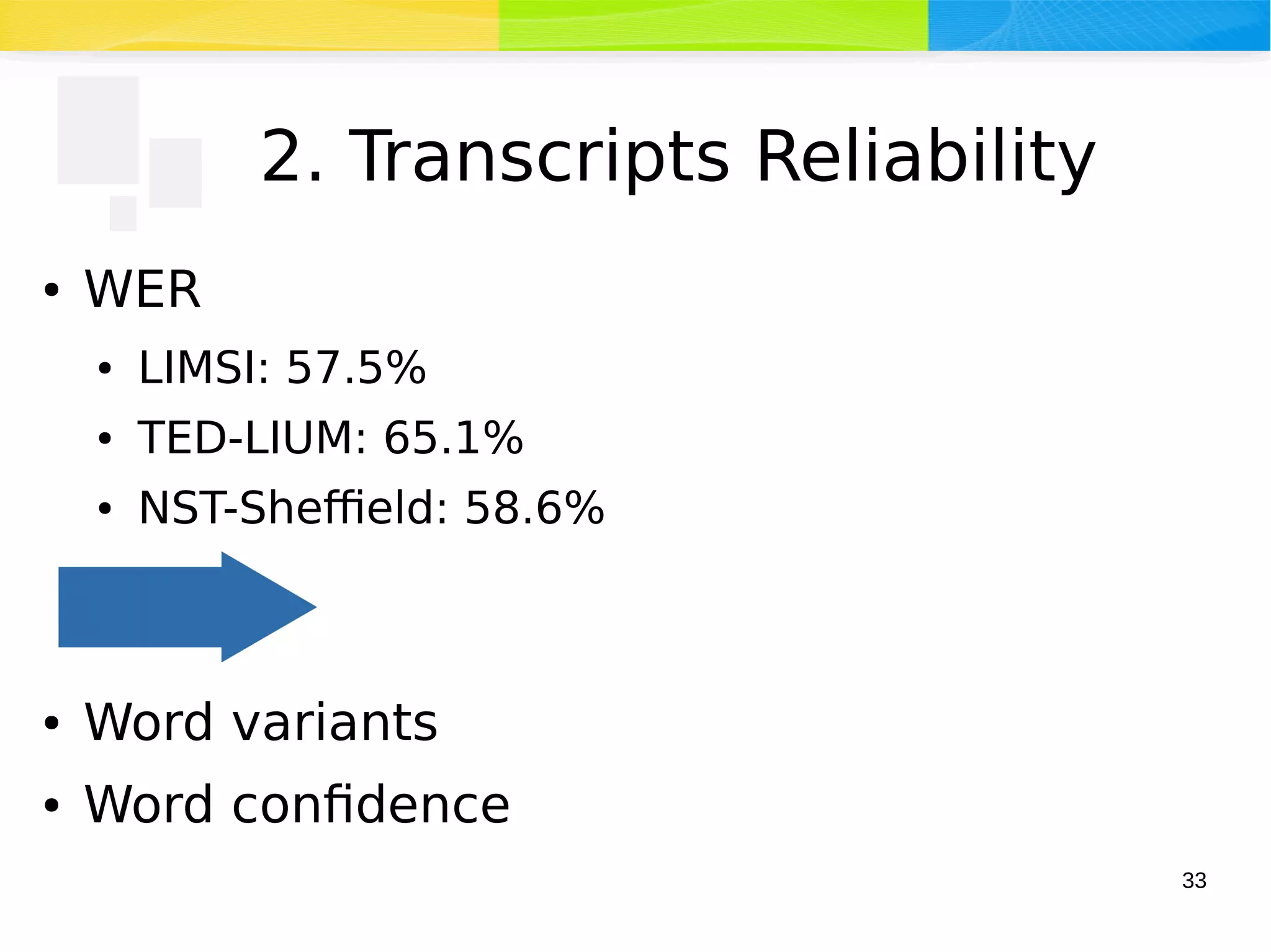 33
2. Transcripts Reliability
● WER
● LIMSI: 57.5%
● TED-LIUM: 65.1%
● NST-Sheffield: 58.6%
● Word variants
● Word confidence
 
