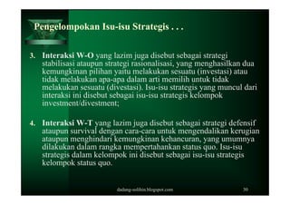 Pengelompokan Isu-isu Strategis . . .

3 Interaksi W-O yang lazim juga disebut sebagai strategi
3.
   stabilisasi ataupun ...