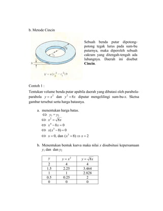 b. Metode Cincin
Contoh 1 :
Tentukan volume benda putar apabila daerah yang dibatasi oleh parabola-
parabola 2
xy = dan xy 82
= diputar mengelilingi sum-bu-x. Sketsa
gambar tersebut serta harga batasnya.
a. menentukan harga batas.
⇔ y1 = y2
⇔ xx 82
=
⇔ 084
=− xx
⇔ 0)8( 3
=−xx
⇔ ,0=x dan 2)8( 3
=⇒= xx
b. Menentukan bentuk kurva maka nilai x disubsitusi kepersamaan
y1 dan dan y2
y 2
xy = xy 8=
2 4 4
1.5 2.25 3.464
1 1 2.828
0.5 0.25 2
0 0 0
Sebuah benda putar dipotong-
potong tegak lurus pada sum-bu
putarnya, maka diperoleh sebuah
cakram yang ditengah-tengah ada
lubangnya. Daerah ini disebut
Cincin.
 