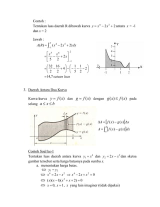 Contoh :
Tentukan luas daerah R dibawah kurva 22 34
+−= xxy antara x = -1
dan x = 2
Jawab :
luassatuan
x
xx
dxxxRA
7,14
2
2
1
5
1
4
2
16
2
32
2
25
)22()(
2
1
45
2
1
34
=
⎟
⎠
⎞
⎜
⎝
⎛
−−−−⎟
⎠
⎞
⎜
⎝
⎛
+−=
⎥
⎦
⎤
⎢
⎣
⎡
+−=
+−=
−
−∫
3. Daerah Antara Dua Kurva
Kurva-kurva )(xfy = dan )(xfg = dengan )()( xfxg ≤ pada
selang bxa ≤≤
Contoh Soal ke-1
Tentukan luas daerah antara kurva 4
1 xy = dan 2
2 2 xxy −= dan sketsa
gambar tersebut serta harga batasnya pada sumbu x.
a. menentukan harga batas.
⇔ y1 = y2
⇔ 022 2424
=+−⇒−= xxxxxx
⇔ 0)2)(1)(( 2
=++− xxxx
⇔ 1,0 == xx , x yang lain imaginer (tidak dipakai)
[ ]
[ ]dxxgxfA
xxgxfA
b
a∫ −=
∆−=∆
)()(
)()(
 