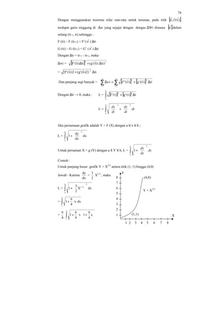 74
Dengan menggunakan teorema nilai rata-rata untuk turunan, pada titik [ ])iˆt(f,iˆt
terdapat garis singgung di ∆w yang sejajar dengan dengas ∆Wi dimana [ ]itˆ dalam
selang (ti-1, ti) sehingga :
F (ti) – F (ti-1) = F’( itˆ ) ∆ti
G (ti) – G (ti-1) = G’ ( itˆ ) ∆ti
Dengan ∆ti = ti-1 - ti-1, maka
∆wi = [ ] 22
)ti)itˆ('g(ti)it('F ∆+∆&&
= 2
)2)itˆ('g(2)it('F[ +&& ∆ti
Dan panjang segi banyak = [ ] [ ]∑ ∑= =
∆+=∆
n
i
n
i
tiitgitFwi
1 1
22
)ˆ(')ˆ('
Dengan ∆ti → 0, maka : L = [ ] [ ]∫ ∆+
b
a
22
t)t('g)t('f
L = ∫ 





+





b
a
dt
dt
dy
dt
dx
22
Jika persamaan grafik adalah Y = F (X) dengan a ≤ x ≤ b ;
L = ∫ 





+
b
a
2
dx
dx
dy
1
Untuk persaman X = g (Y) dengan a ≤ Y ≤ b, L = ∫ 





+
b
a
dy
dy
dx
2
1
Contoh :
Untuk panjang busur grafik Y = X3/2
antara titik (1, 1) hingga (4,0)
Jawab : Karena
dx
dy
=
2
3
X1/2
, maka
L = ∫ 





+
b
a
2
2/1
dxX
2
3
1
= ∫ +
4
1
dxx
4
9
1
=
4
9
∫ 





++
4
1
x
4
9
1x
4
9
1
1 2 3 4 5 6 7 8
1
2
3
4
5
6
7
8
Y
X(1,1)
Y = X3/2
(4,8)
 