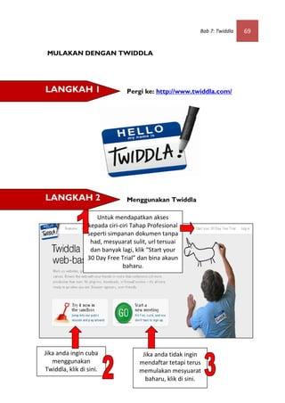 Bab 7: Twiddla   69


 MULAKAN DENGAN TWIDDLA




LANGKAH 1                      Pergi ke: http://www.twiddla.com/




LANGKAH 2                      Menggunakan Twiddla

                    Untuk mendapatkan akses
                 kepada ciri-ciri Tahap Profesional
                 seperti simpanan dokumen tanpa
                  had, mesyuarat sulit, url tersuai
                  dan banyak lagi, klik “Start your
                 30 Day Free Trial” dan bina akaun
                              baharu.




Jika anda ingin cuba                 Jika anda tidak ingin
   menggunakan                      mendaftar tetapi terus
Twiddla, klik di sini.              memulakan mesyuarat
                                      baharu, klik di sini.
 