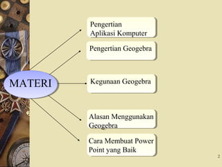 2
MATERIMATERI
Pengertian
Aplikasi Komputer
Pengertian
Aplikasi Komputer
Pengertian GeogebraPengertian Geogebra
Kegunaan GeogebraKegunaan Geogebra
Alasan Menggunakan
Geogebra
Alasan Menggunakan
Geogebra
Cara Membuat Power
Point yang Baik
Cara Membuat Power
Point yang Baik
 
