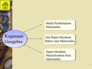 5
Kegunaan
Geogebra
Kegunaan
Geogebra
Media Pembelajaran
Matematika
Media Pembelajaran
Matematika
Alat Bantu Membuat
Bahan Ajar Matematika
Alat Bantu Membuat
Bahan Ajar Matematika
Dapat Membatu
Menyelesaikan Soal
Matematika
Dapat Membatu
Menyelesaikan Soal
Matematika
 