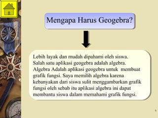 6
Lebih layak dan mudah dipahami oleh siswa.
Salah satu aplikasi geogebra adalah algebra.
Algebra Adalah aplikasi geogebra untuk membuat
grafik fungsi. Saya memilih algebra karena
kebanyakan dari siswa sulit menggambarkan grafik
fungsi oleh sebab itu aplikasi algebra ini dapat
membantu siswa dalam memahami grafik fungsi.
Lebih layak dan mudah dipahami oleh siswa.
Salah satu aplikasi geogebra adalah algebra.
Algebra Adalah aplikasi geogebra untuk membuat
grafik fungsi. Saya memilih algebra karena
kebanyakan dari siswa sulit menggambarkan grafik
fungsi oleh sebab itu aplikasi algebra ini dapat
membantu siswa dalam memahami grafik fungsi.
Mengapa Harus Geogebra?Mengapa Harus Geogebra?
 