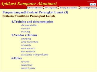Aplikasi Komputer Akuntansi
Software&Business IT Component Develop.&Evaluation Accounting Software
Lana Sularto
4.Training and documentation
documentation
tutorials
training
5.Vendor relations
charging
copy protection
warranty
maintenance
new releases
assistance with problems
6.Other
reviews
references
market share
Pengembangan&Evaluasi Perangkat Lunak (3)
Kriteria Pemilihan Perangkat Lunak
 