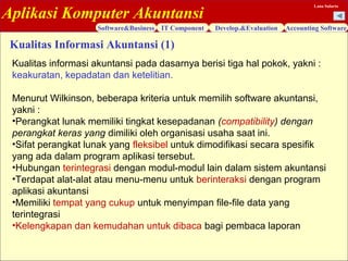 Aplikasi Komputer Akuntansi
Software&Business IT Component Develop.&Evaluation Accounting Software
Lana Sularto
Kualitas Informasi Akuntansi (1)
Kualitas informasi akuntansi pada dasarnya berisi tiga hal pokok, yakni :
keakuratan, kepadatan dan ketelitian.
Menurut Wilkinson, beberapa kriteria untuk memilih software akuntansi,
yakni :
•Perangkat lunak memiliki tingkat kesepadanan (compatibility) dengan
perangkat keras yang dimiliki oleh organisasi usaha saat ini.
•Sifat perangkat lunak yang fleksibel untuk dimodifikasi secara spesifik
yang ada dalam program aplikasi tersebut.
•Hubungan terintegrasi dengan modul-modul lain dalam sistem akuntansi
•Terdapat alat-alat atau menu-menu untuk berinteraksi dengan program
aplikasi akuntansi
•Memiliki tempat yang cukup untuk menyimpan file-file data yang
terintegrasi
•Kelengkapan dan kemudahan untuk dibaca bagi pembaca laporan
 