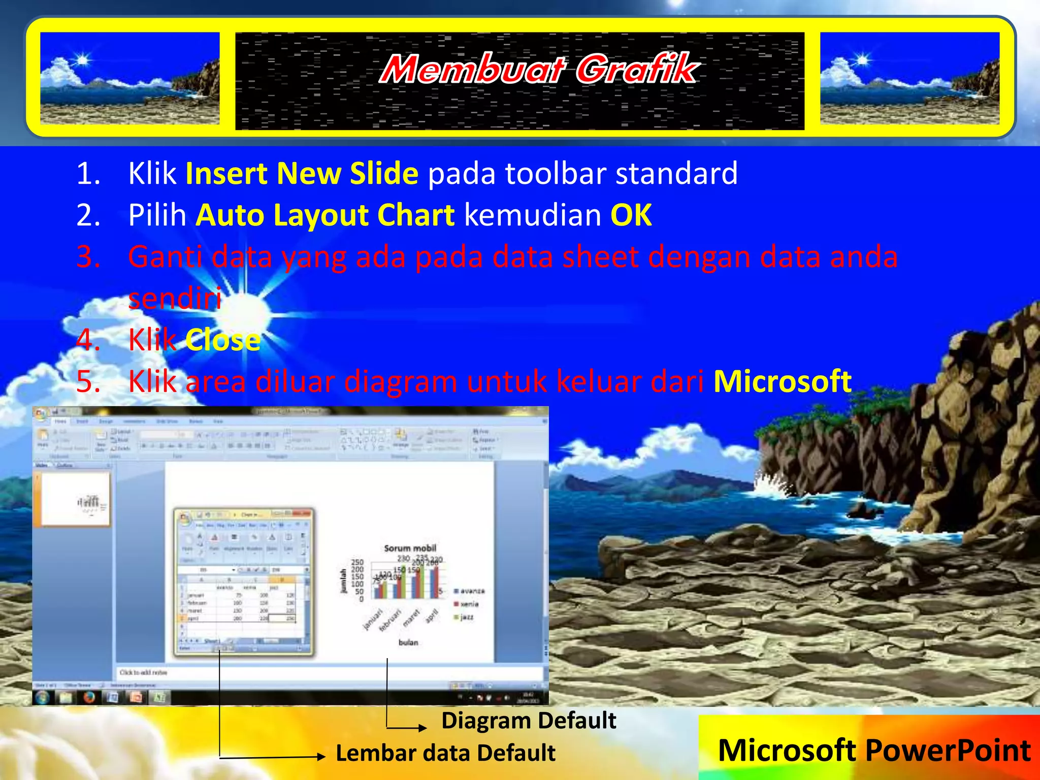 Microsoft PowerPoint
1. Klik Insert New Slide pada toolbar standard
2. Pilih Auto Layout Chart kemudian OK
3. Ganti data yang ada pada data sheet dengan data anda
sendiri
4. Klik Close
5. Klik area diluar diagram untuk keluar dari Microsoft
Graph
Lembar data Default
Diagram Default
 