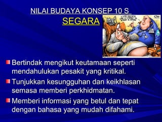 NILAI BUDAYA KONSEP 10 S
              SEGARA



Bertindak mengikut keutamaan seperti
mendahulukan pesakit yang kritikal.
Tunjukkan kesungguhan dan keikhlasan
semasa memberi perkhidmatan.
Memberi informasi yang betul dan tepat
dengan bahasa yang mudah difahami.
 