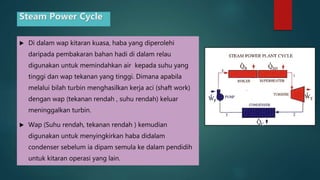 Steam Power Cycle Di dalam wap kitaran kuasa, haba yang diperolehi daripada pembakaran bahan hadi di dalam relau digunakan untuk memindahkan air kepada suhu yang tinggi dan wap tekanan yang tinggi. Dimana apabila melalui bilah turbin menghasilkan kerja aci (shaft work) dengan wap (tekanan rendah , suhu rendah) keluar meninggalkan turbin. Wap (Suhu rendah, tekanan rendah ) kemudian digunakan untuk menyingkirkan haba didalam condenser sebelum ia dipam semula ke dalam pendidih untuk kitaran operasi yang lain. 