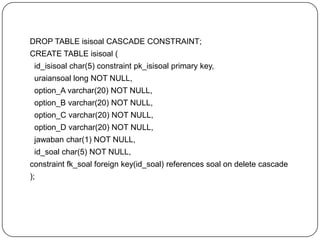 DROP TABLE isisoal CASCADE CONSTRAINT;
CREATE TABLE isisoal (
 id_isisoal char(5) constraint pk_isisoal primary key,
 uraiansoal long NOT NULL,
 option_A varchar(20) NOT NULL,
 option_B varchar(20) NOT NULL,
 option_C varchar(20) NOT NULL,
 option_D varchar(20) NOT NULL,
 jawaban char(1) NOT NULL,
 id_soal char(5) NOT NULL,
constraint fk_soal foreign key(id_soal) references soal on delete cascade
);
 