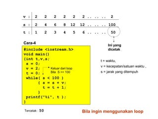 t = waktu,
v = kecepatan/satuan waktu ,
s = jarak yang ditempuh
#include <iostream.h>
void main()
{int t,v,s;
s = 0;
v = 2;
t = 0;
while( s < 100 )
{ s = s + v;
t = t + 1;
}
printf("%i", t );
}
Tercetak : 50
Cara-4
v : 2 2 2 2 2 2 .. .. .. 2
s : 2 4 6 8 12 12 .. .. .. 100
t : 1 2 3 4 5 6 .. .. .. 50
Ini yang
dicetak
Keluar dari loop
Bila S >= 100
Bila ingin menggunakan loop
 