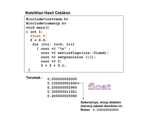 #include<iostream.h>
#include<iomanip.h>
void main()
{ int I;
float f;
f = 0.0;
for (I=1; I<=5; I++)
{ cout << "n" ;
cout << setiosflags(ios::fixed);
cout << setprecision (12);
cout << f;
f = f + 0.1;
}
Tercetak : 0.000000000000
0.100000001490
0.200000002980
0.300000011921
0.400000005960
Ketelitian Hasil Cetakan
Sebenarnya, isinya didalam
memory adalah demikian ini.
Bukan 0.100000000000
 