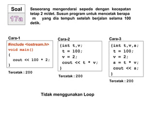 Soal Seseorang mengendarai sepeda dengan kecepatan
tetap 2 m/det. Susun program untuk mencetak berapa
m yang dia tempuh setelah berjalan selama 100
detik.
#include <iostream.h>
void main()
{
cout << 100 * 2;
}
Cara-1
Tercetak : 200
{int t,v;
t = 100;
v = 2;
cout << t * v;
}
Tercetak : 200
{int t,v,s;
t = 100;
v = 2;
s = t * v;
cout << s;
}
Tercetak : 200
Cara-2 Cara-3
Tidak menggunakan Loop
 