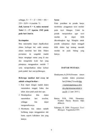 4
sehingga, X + Y + Z = 1944 + 486 +
229 = 2659 = 6 (modulo 7)
Jadi, karena S = 6, maka menurut
Tabel 2 : 17 Agustus 1945 jatuh
pada hari Jum’at.
Kesimpulan
Ilmu matematika dapat diaplikasikan
dalam berbagai hal, salah satunya
dalam menebak hari lahir. Dalam
permainan ini sangatlah mudah
hanya mengingat rumus yang di atas
dan mengetahui kode hari yang
prinsipnya menggunakan modulo 7
serta memperhatikan tahun kabisat
pada jumlah hari saat perhitungan.
Beberapa manfaat dari essay ini
adalah sebagai berikut :
1. Kita dapat dengan mudah dalam
menentukan tanggal, bulan, dan
tahun akan jatuh pada hari apa.
2. Mendapatkan ilmu dalam
menentukan hari tersebut,
sehingga kita dapat
mengamalkannya.
3. Membantu kita dalam melatih
berhitung tanpa menggunakan alat
bantu seperti kalkulator dan yang
lainnya.
Saran
Pada penelitian ini penulis hanya
membahas penggunaan teori modulo
pada teori bilangan. Untuk itu
penulis menyarankan agar teori
modulo ini dapat lebih
dikembangkan lagi. Mungkin untuk
peneliti selanjutnya dapat menggali
lebih dalam lagi tentang masalah
modulo ini pada bidang yang
lainnya.
DAFTAR PUSTAKA
Handayanto,A.(2010).Peranan sistem
modulo dalam penentuan
hari.[Online].Tersedia:http
://ejurnal.upgrismg.ac.id/in
dex.php/aksioma/article/vi
ew/59. [ 2 juni 2015 ]
Burton, D.M. 1980. Elementary
Number Theory. Boston: Allyn
&Bacon.
Sukirman, H. 2004. Pengantar Teori
Bilangan. Yogyakarta.UNY.
 