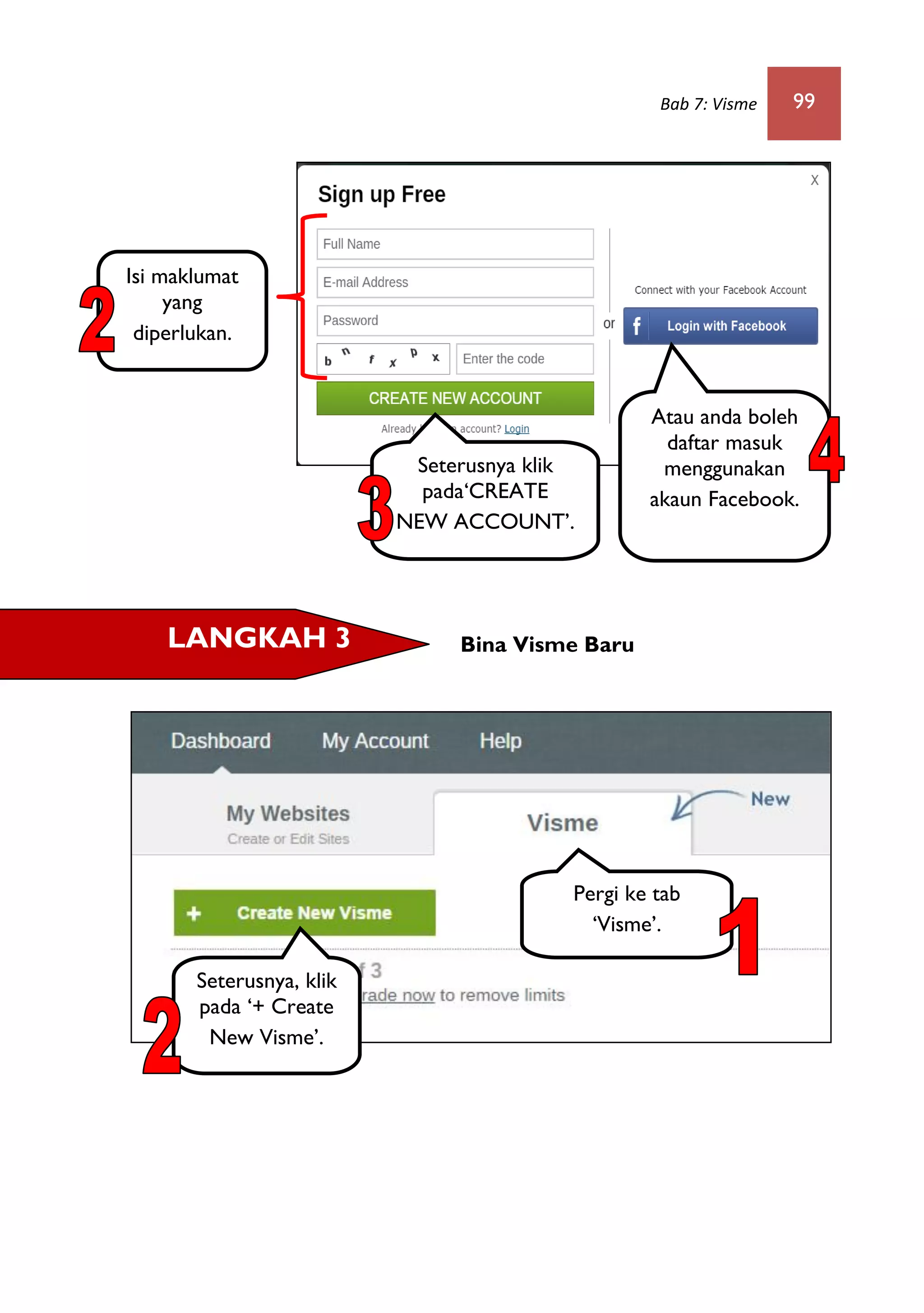 Bab 7: Visme 99
Bina Visme BaruLANGKAH 3
Pergi ke tab
‘Visme’.
Seterusnya klik
pada‘CREATE
NEW ACCOUNT’.
Isi maklumat
yang
diperlukan.
Atau anda boleh
daftar masuk
menggunakan
akaun Facebook.
Seterusnya, klik
pada ‘+ Create
New Visme’.
 