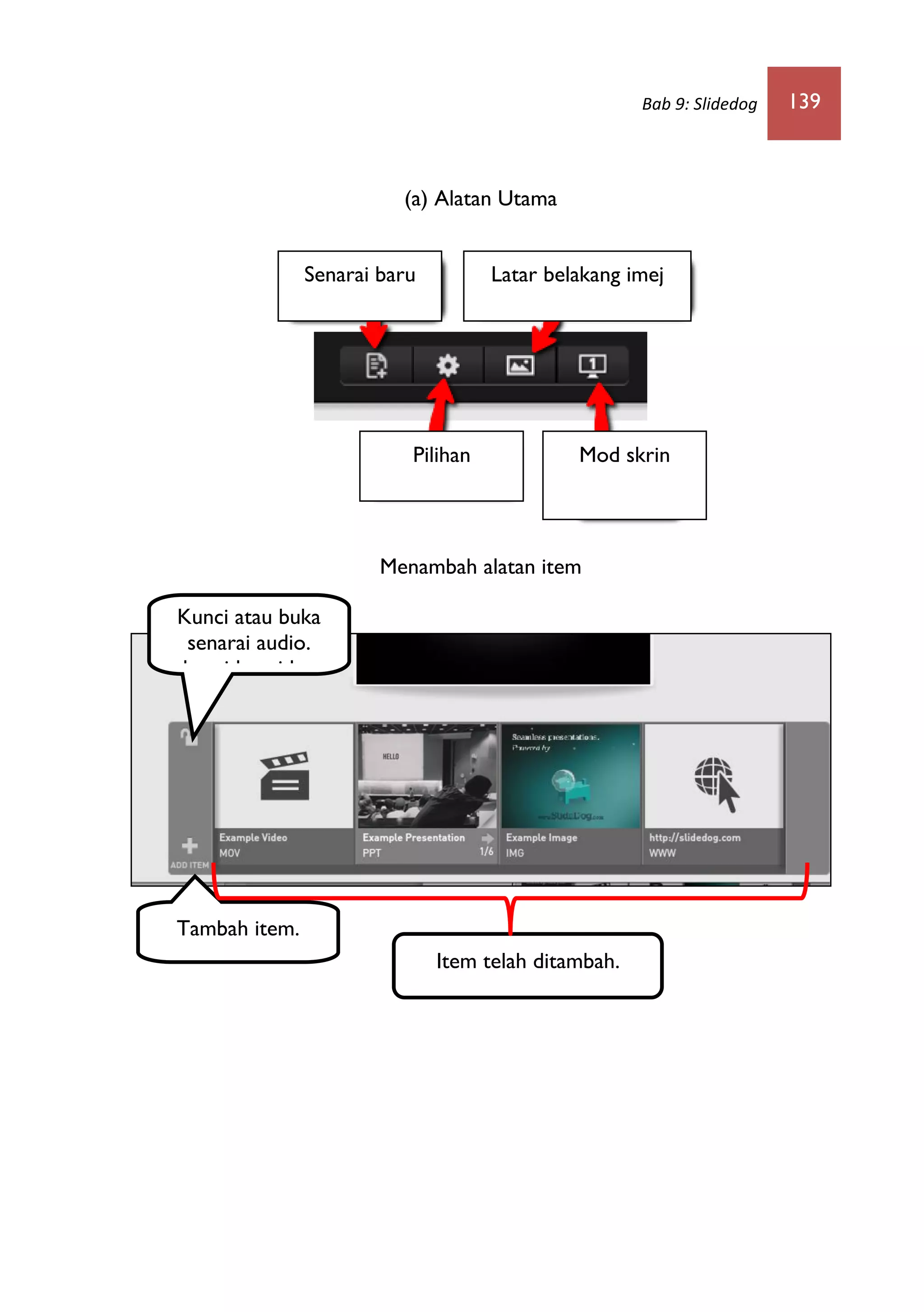 Bab 9: Slidedog 139
(a) Alatan Utama
Menambah alatan item
Tambah item.
Kunci atau buka
senarai audio.
dan video.video.
Item telah ditambah.
Senarai baru Latar belakang imej
Pilihan Mod skrin
 