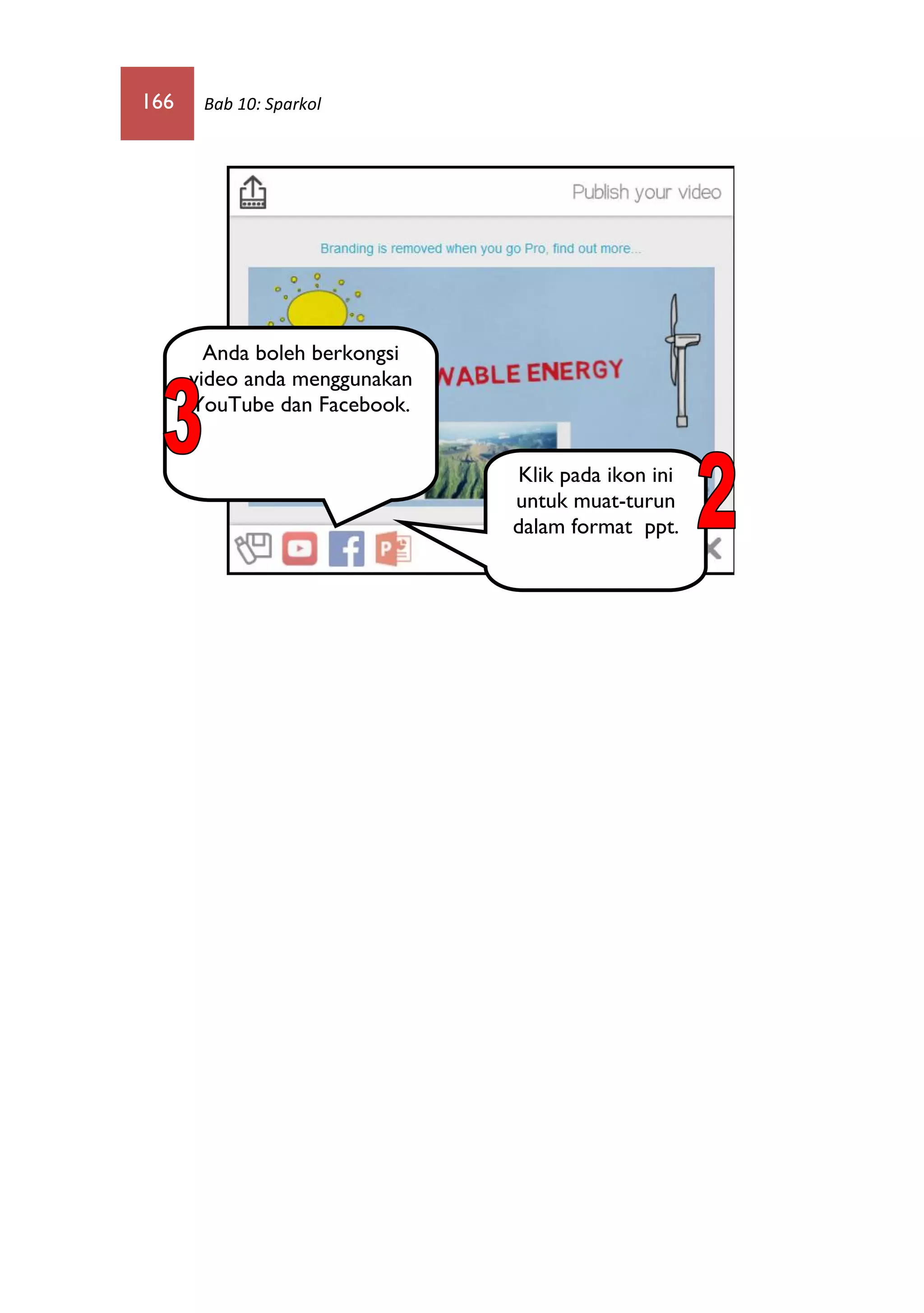 166 Bab 10: Sparkol
Klik pada ikon ini
untuk muat-turun
dalam format ppt.
Anda boleh berkongsi
video anda menggunakan
YouTube dan Facebook.
 